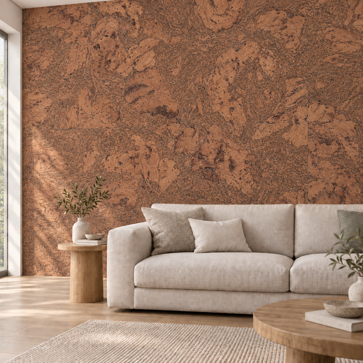 Tasmanian Burl - 1/4&Quot; (6Mm) - Cork Glue Down Tile (Gtbu6) Tasmanian Burl Glue-Down Cork Tiles On A Living Room Accent Wall — Visualization