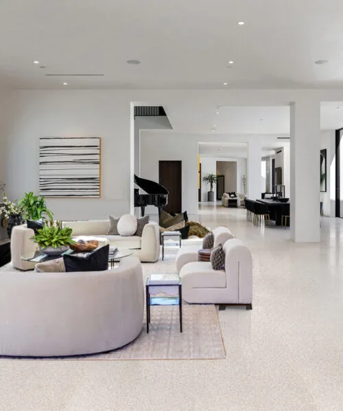 terrazzo white cork flooring basement warm bright colors