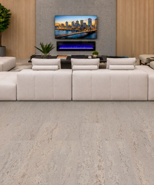 Umber Grey - 7/16&Quot; (11Mm) - Swiss Real Cork Floating (Fug11) Umber Grey Swiss Real Cork Floating Flooring In A Contemporary Living Room With Light Grey Cork Flooring And Seamless Floating Installation.