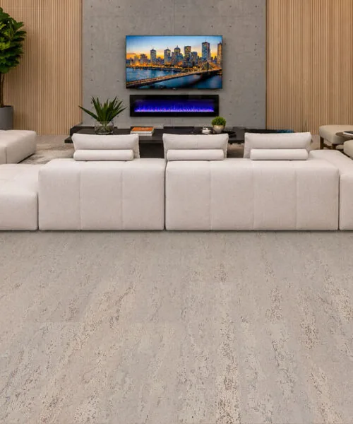 Umber Grey Swiss Real Cork Floating Flooring In A Contemporary Living Room With Light Grey Cork Flooring And Seamless Floating Installation.