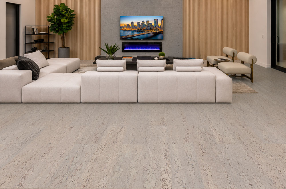 Umber Grey - 7/16&Quot; (11Mm) - Swiss Real Cork Floating (Fug11) Umber Grey Swiss Real Cork Floating Flooring In A Contemporary Living Room With Light Grey Cork Flooring And Seamless Floating Installation.
