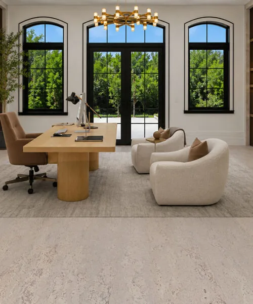 Modern Home Office Featuring Umber Grey Swiss Real Cork Floating Flooring With Natural Light Grey Cork Pattern And Floating Floor Construction.