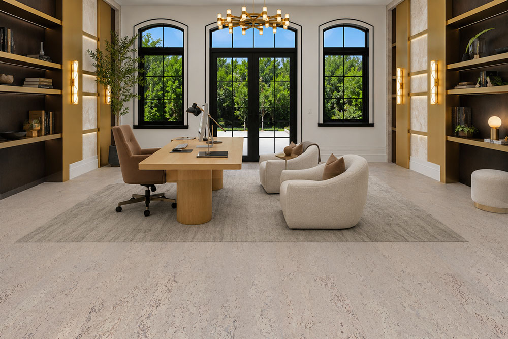 Umber Grey - 7/16&Quot; (11Mm) - Swiss Real Cork Floating (Fug11) Modern Home Office Featuring Umber Grey Swiss Real Cork Floating Flooring With Natural Light Grey Cork Pattern And Floating Floor Construction.