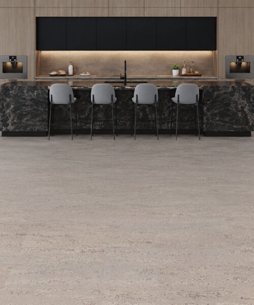 Umber Grey - 7/16&Quot; (11Mm) - Swiss Real Cork Floating (Fug11) Umber Grey Swiss Real Cork Floating Flooring In A Contemporary Luxury Kitchen With Seamless Grey Cork Flooring And Modern Cabinetry.