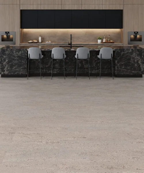 Umber Grey Swiss Real Cork Floating Flooring In A Contemporary Luxury Kitchen With Seamless Grey Cork Flooring And Modern Cabinetry.