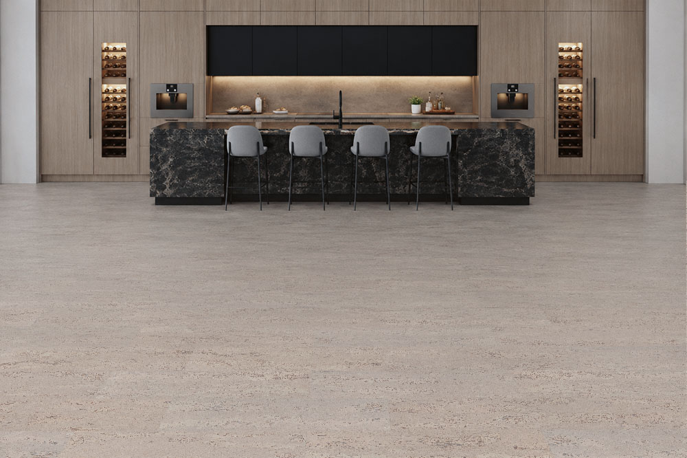 Umber Grey - 7/16&Quot; (11Mm) - Swiss Real Cork Floating (Fug11) Umber Grey Swiss Real Cork Floating Flooring In A Contemporary Luxury Kitchen With Seamless Grey Cork Flooring And Modern Cabinetry.