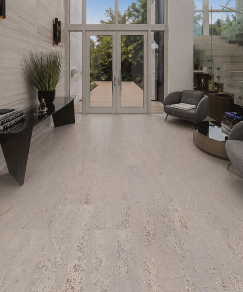 Umber Grey - 7/16&Quot; (11Mm) - Swiss Real Cork Floating (Fug11) Umber Grey Swiss Real Cork Floating Flooring In A Modern Hallway With Seamless Cork Planks And Contemporary Interior Design.