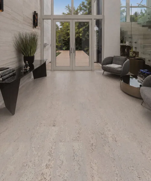 Umber Grey Swiss Real Cork Floating Flooring In A Modern Hallway With Seamless Cork Planks And Contemporary Interior Design.