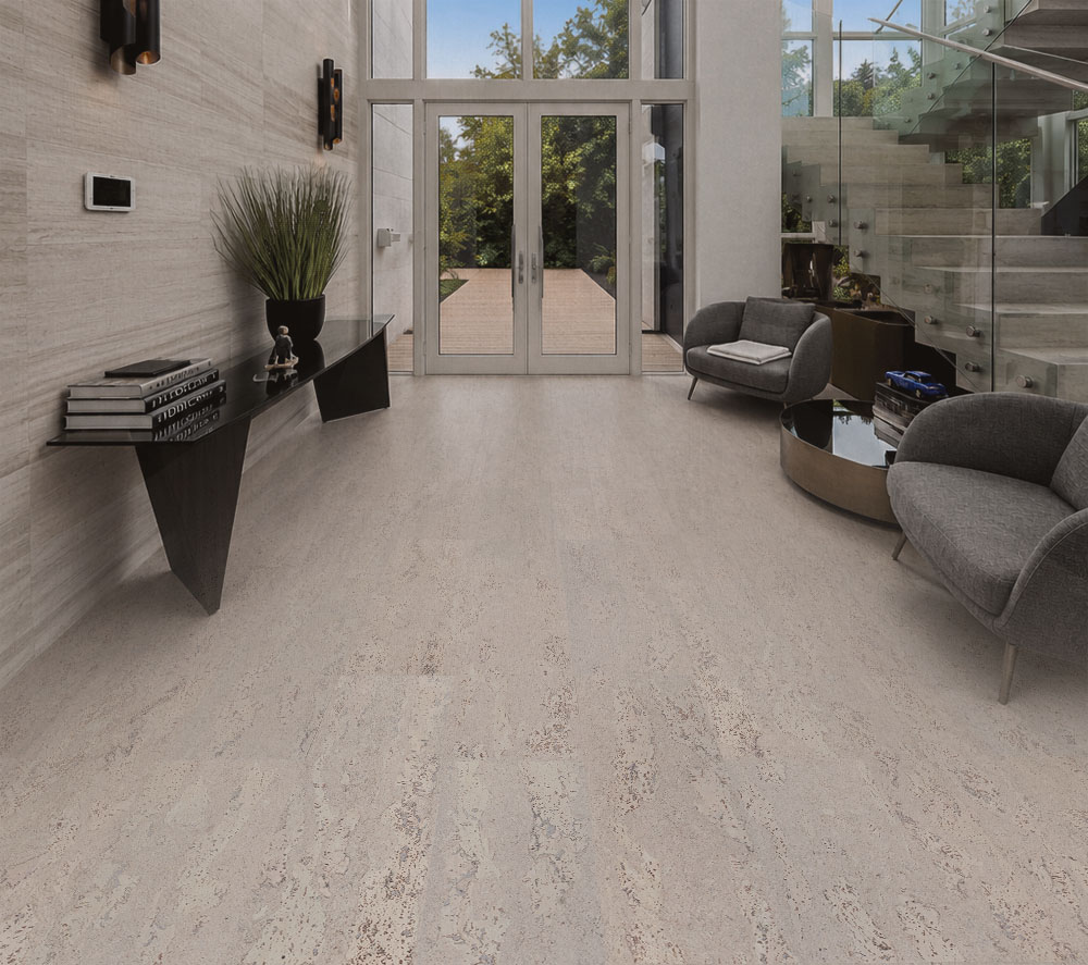 Umber Grey - 7/16&Quot; (11Mm) - Swiss Real Cork Floating (Fug11) Umber Grey Swiss Real Cork Floating Flooring In A Modern Hallway With Seamless Cork Planks And Contemporary Interior Design.