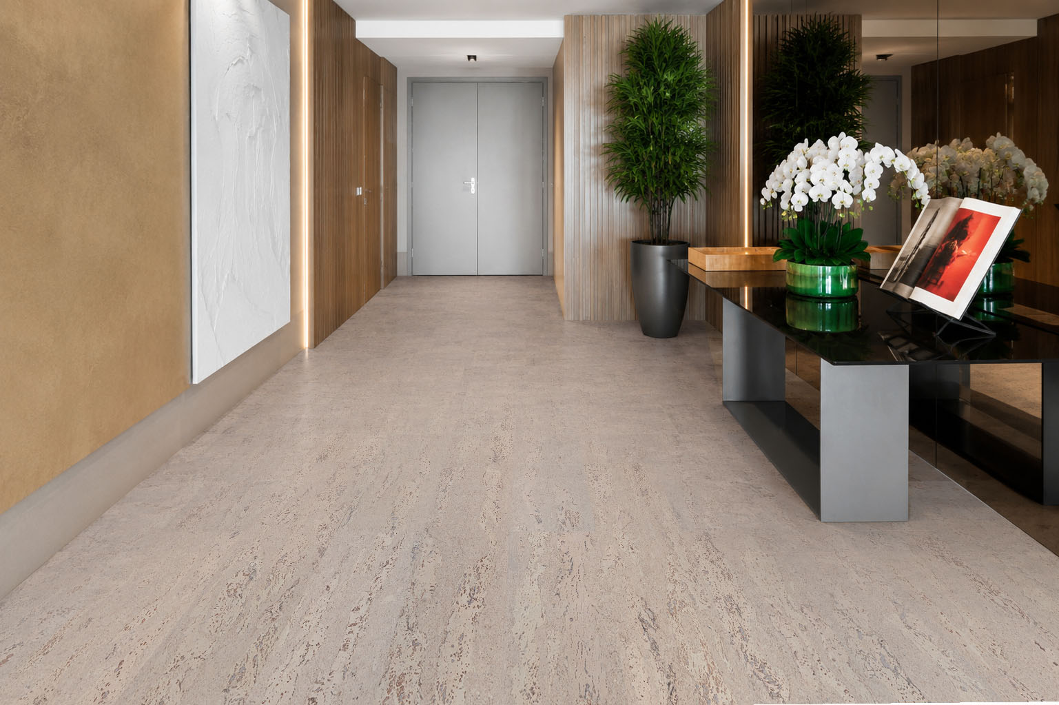 Umber Grey - 7/16&Quot; (11Mm) - Swiss Real Cork Floating (Fug11) Umber Grey Swiss Real Cork Floating Flooring Installed In A Modern Luxury Entryway With Light Grey Cork Floor And Seamless Finish.
