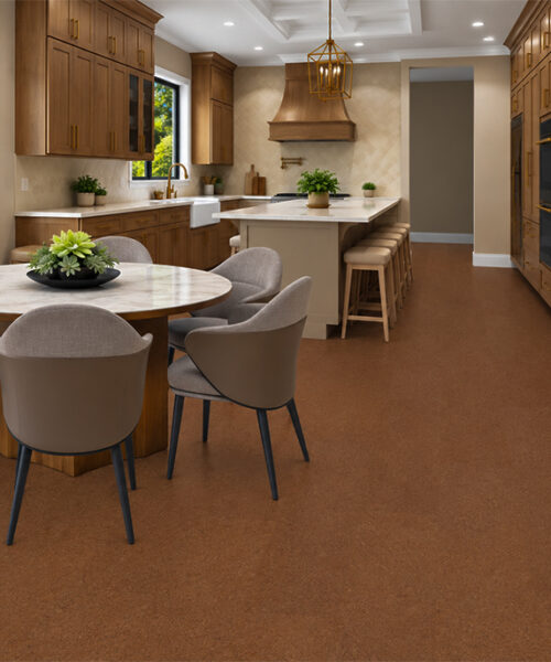 Venetian - 25/64&Quot; (10Mm) - Cork Floating (Fven10) Venetian 10Mm Natural Cork Flooring In Warm Reddish-Brown Spans A Kitchen And Round-Table Dining Area.