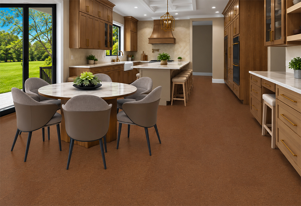 Venetian - 25/64&Quot; (10Mm) - Cork Floating (Fven10) Venetian 10Mm Natural Cork Flooring In Warm Reddish-Brown Spans A Kitchen And Round-Table Dining Area.
