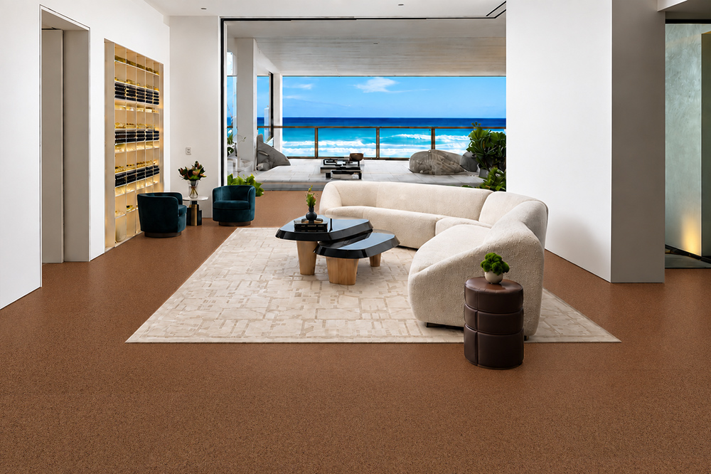 Venetian - 25/64&Quot; (10Mm) - Cork Floating (Fven10) Venetian 10Mm Speckled Floating Cork Flooring Surrounds A Curved Sofa In An Ocean-View Living Room.
