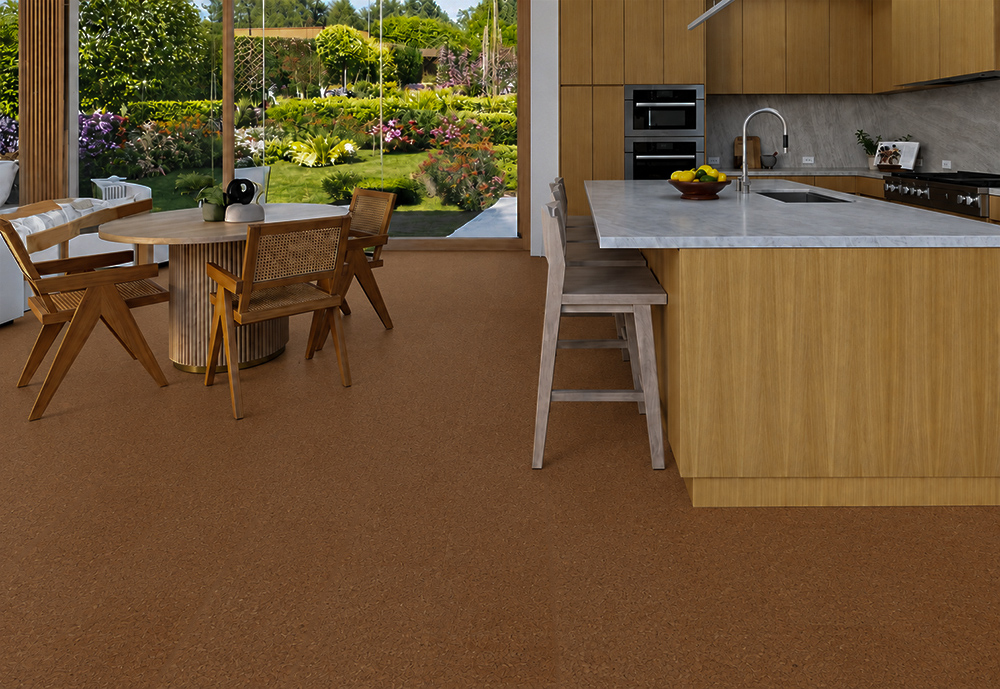 Venetian - 25/64&Quot; (10Mm) - Cork Floating (Fven10) Warm-Brown Venetian 10Mm Cork Floor Planks Complement A Garden-View Kitchen With A Breakfast Table.