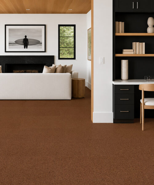 Venetian - 25/64&Quot; (10Mm) - Cork Floating (Fven10) Seamless Warm-Brown Venetian 10Mm Floating Cork Flooring Connects A Fireplace Living Room And Built-In Home Office.
