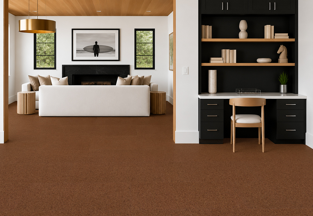 Venetian - 25/64&Quot; (10Mm) - Cork Floating (Fven10) Seamless Warm-Brown Venetian 10Mm Floating Cork Flooring Connects A Fireplace Living Room And Built-In Home Office.