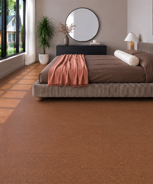 Venetian - 25/64&Quot; (10Mm) - Cork Floating (Fven10) Venetian 10Mm Speckled Cork Flooring Creates A Warm, Comfortable Bedroom With An Upholstered Bed.