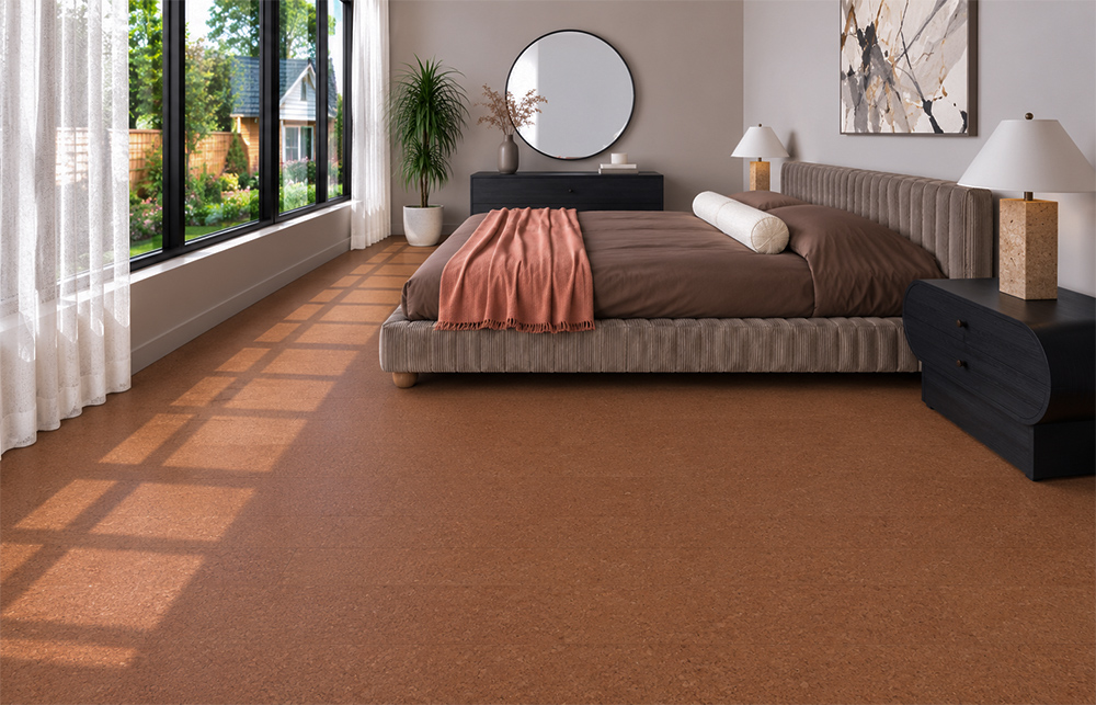 Venetian - 25/64&Quot; (10Mm) - Cork Floating (Fven10) Venetian 10Mm Speckled Cork Flooring Creates A Warm, Comfortable Bedroom With An Upholstered Bed.