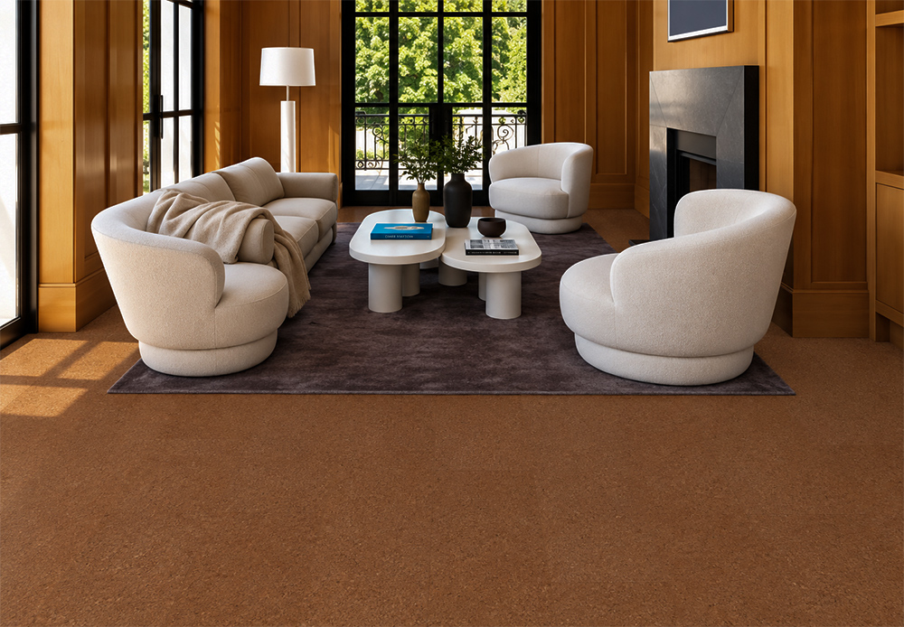 Venetian - 25/64&Quot; (10Mm) - Cork Floating (Fven10) Venetian 10Mm Reddish-Brown Cork Floor Planks Frame Cream Seating And A Fireplace In A Paneled Living Room.