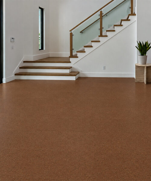 Venetian - 25/64&Quot; (10Mm) - Cork Floating (Fven10) Venetian 10Mm Floating Cork Flooring Shows A Fine Reddish-Brown Pattern In A Glass-Stair Entryway.