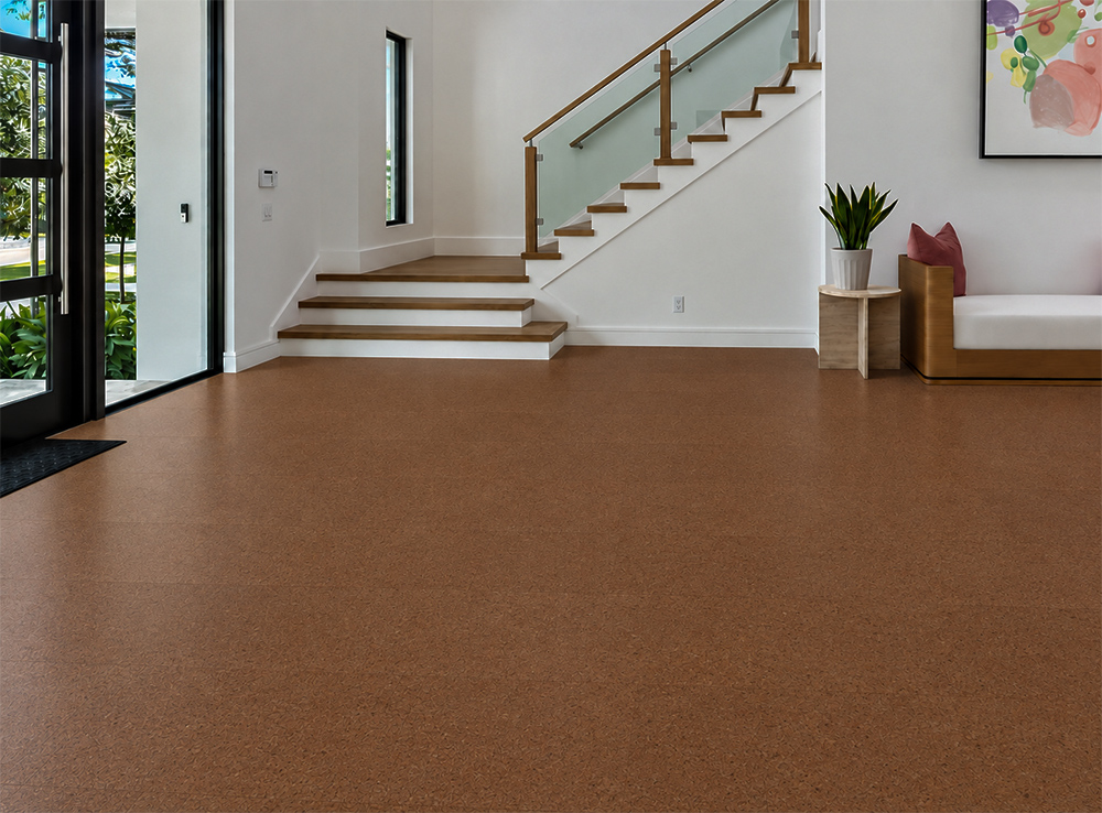 Venetian - 25/64&Quot; (10Mm) - Cork Floating (Fven10) Venetian 10Mm Floating Cork Flooring Shows A Fine Reddish-Brown Pattern In A Glass-Stair Entryway.