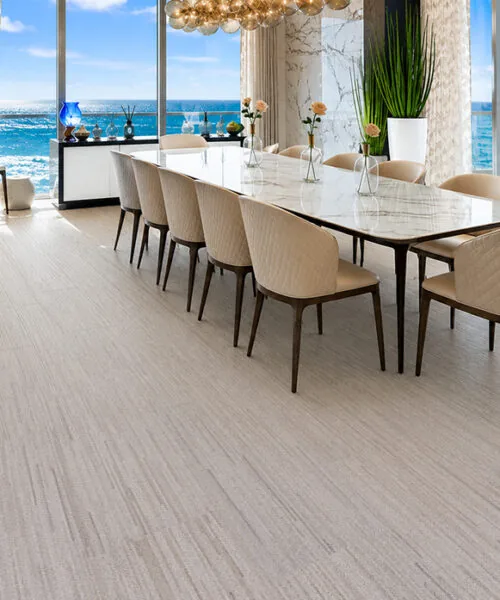 Vertical - 7/16&Quot; (11Mm) - Swiss Real Cork Floating (Fvtc11) Vertical Swiss Real Cork Floating Flooring In A Light Beige Dining Room With Ocean Views