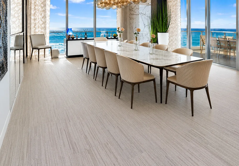 Vertical - 7/16&Quot; (11Mm) - Swiss Real Cork Floating (Fvtc11) Vertical Swiss Real Cork Floating Flooring In A Light Beige Dining Room With Ocean Views