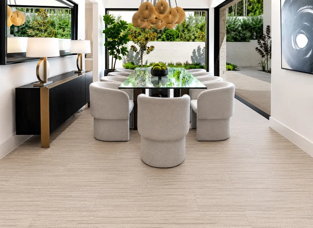 Vertical - 7/16&Quot; (11Mm) - Swiss Real Cork Floating (Fvtc11) Vertical Swiss Cork Flooring With Fine Grain Texture Beneath A Contemporary Sectional Sofa