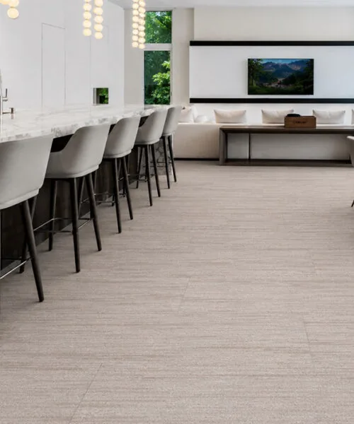 Vertical - 7/16&Quot; (11Mm) - Swiss Real Cork Floating (Fvtc11) Light Linear Cork Flooring In An Open-Concept Kitchen, Dining, And Living Area