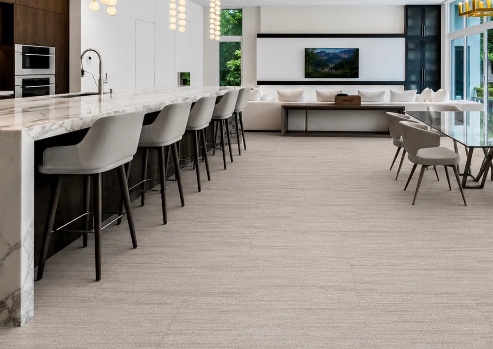 Vertical - 7/16&Quot; (11Mm) - Swiss Real Cork Floating (Fvtc11) Light Linear Cork Flooring In An Open-Concept Kitchen, Dining, And Living Area