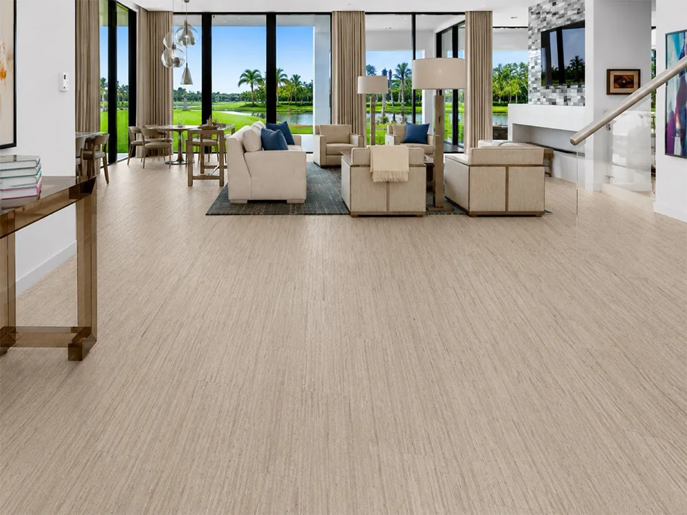 Vertical - 7/16&Quot; (11Mm) - Swiss Real Cork Floating (Fvtc11) Light Beige Swiss Cork Flooring In A Spacious Modern Living Room With Lake Views