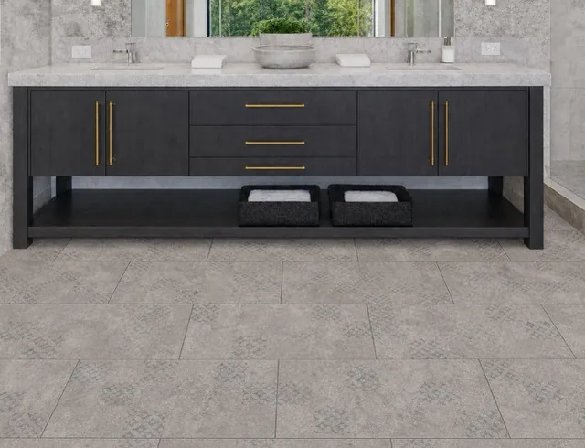 Vintage Stone - 19/64&Quot; (7.5Mm) - Swiss Techslate (Mvinst7.5) Vintage Stone Swiss Techslate Gray Stone-Look Waterproof Flooring In A Luxury Bathroom With Floating Vanity And Marble Countertops.