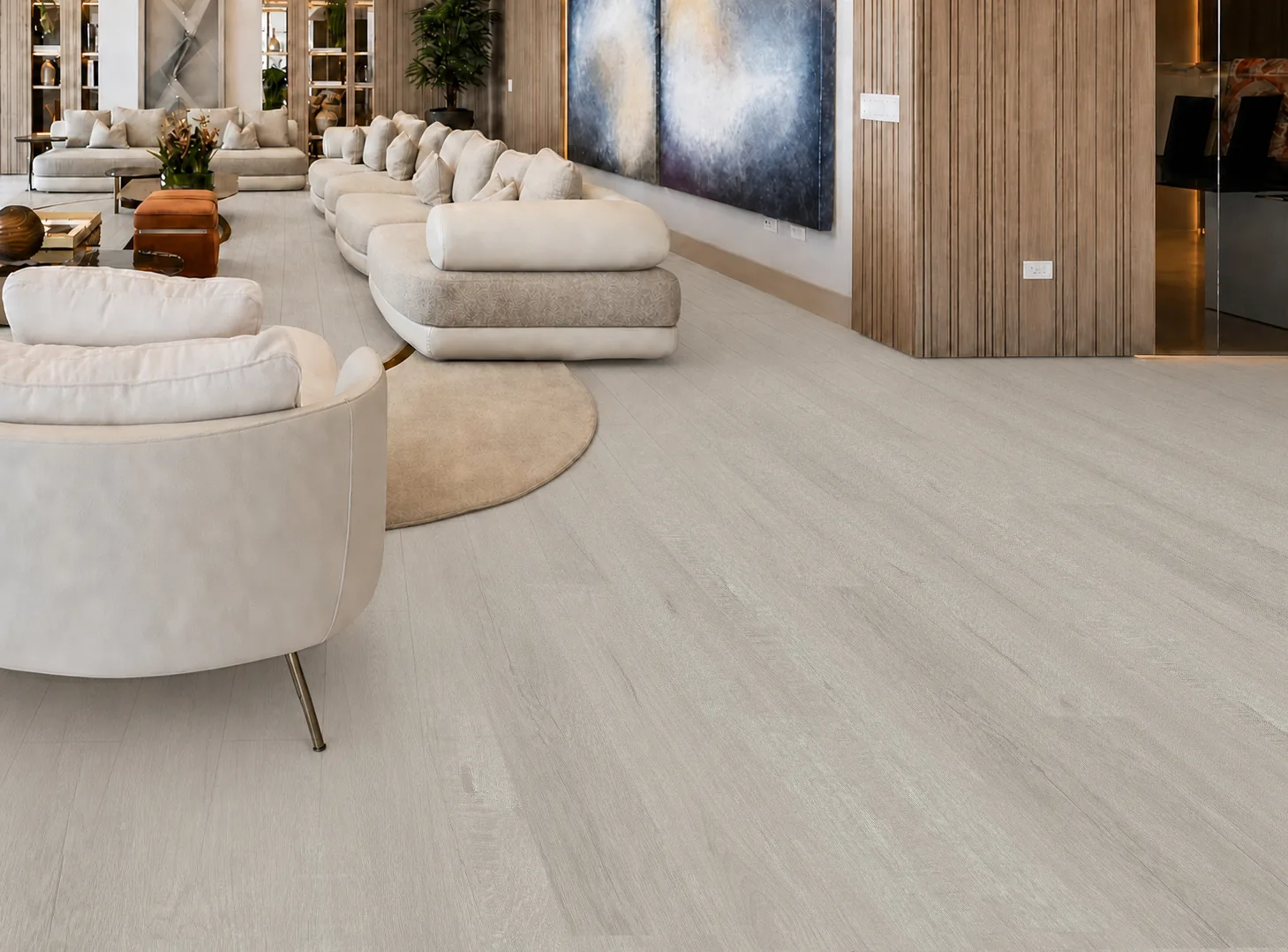 Light Grey Oak - 13/32&Quot; (10.5Mm) - Design Cork Floating (Flg10.5) Light Grey Oak Plank Flooring In A Basement Floor