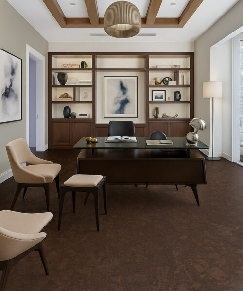 Walnut Burlwood Cork Floating Flooring In A Modern Home Office With Wood Shelving And Neutral Furniture.