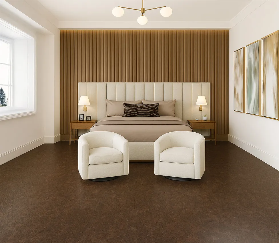 Walnut Burlwood - 1/2&Quot; (12Mm) - Cork Floating (Fwbu12) Walnut Burlwood 12Mm Cork Flooring In A Warm Master Bedroom With Upholstered Headboard And Soft-Toned Décor.