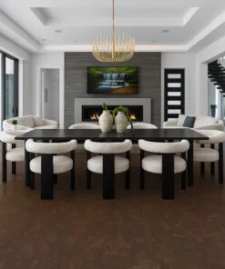 Walnut Burlwood - 5/16&Quot; (8Mm) - Cork Glue Down Tile (Gwbu8) Walnut Burlwood Cork Flooring Installed In A Contemporary Dining Room With White Chairs And Black Table.