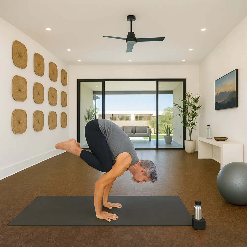Walnut Burlwood - 1/2&Quot; (12Mm) - Cork Floating (Fwbu12) Walnut Burlwood Cork Floor In A Bright Home Yoga Studio With Large Windows And Fitness Equipment.