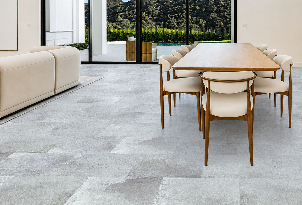 Warm Stone - 7/16&Quot; (11Mm) - Swiss Design Cork Floating (Fwmst11) Light Gray Warm Stone Swiss Design Cork Floating Flooring Spans An Open Dining Room With Pool Views.