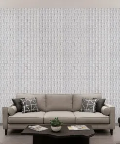 Wave Wood 3D cork acoustic wall panels creating a textured white feature wall in a modern living room, enhancing sound control and visual depth.