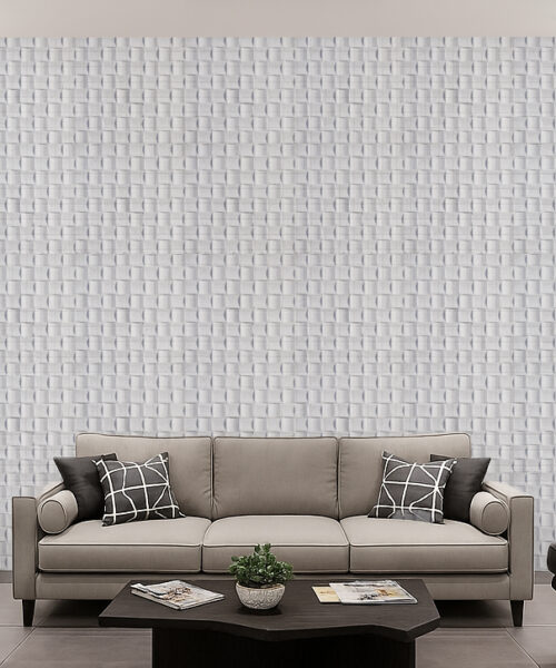 Wave White - 25/32” (20Mm) - 3D Cork Wall Panels (Wwwh20) Wave Wood 3D Cork Acoustic Wall Panels Creating A Textured White Feature Wall In A Modern Living Room, Enhancing Sound Control And Visual Depth.