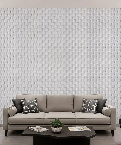 Wave White - 25/32” (20Mm) - 3D Cork Wall Panels (Wwwh20) Wave Wood 3D Cork Acoustic Wall Panels Creating A Textured White Feature Wall In A Modern Living Room, Enhancing Sound Control And Visual Depth.