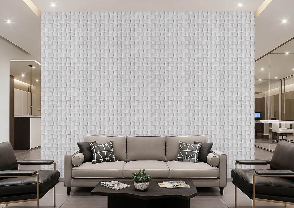Wave White - 25/32” (20Mm) - 3D Cork Wall Panels (Wwwh20) Wave Wood 3D Cork Acoustic Wall Panels Creating A Textured White Feature Wall In A Modern Living Room, Enhancing Sound Control And Visual Depth.