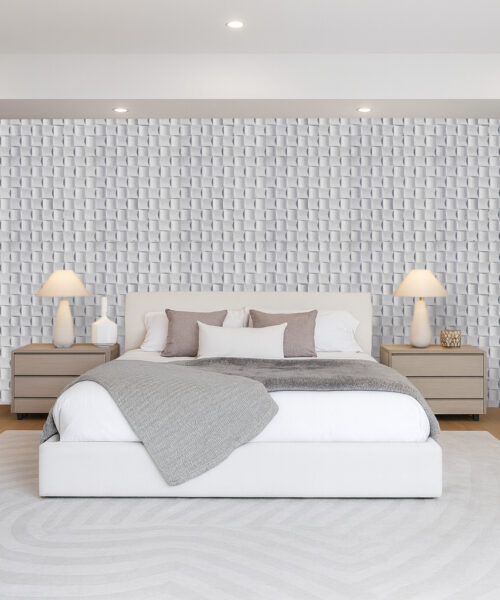 White Wave Wood 3D acoustic cork panels installed on a bedroom accent wall, adding noise reduction and a soft woven architectural pattern