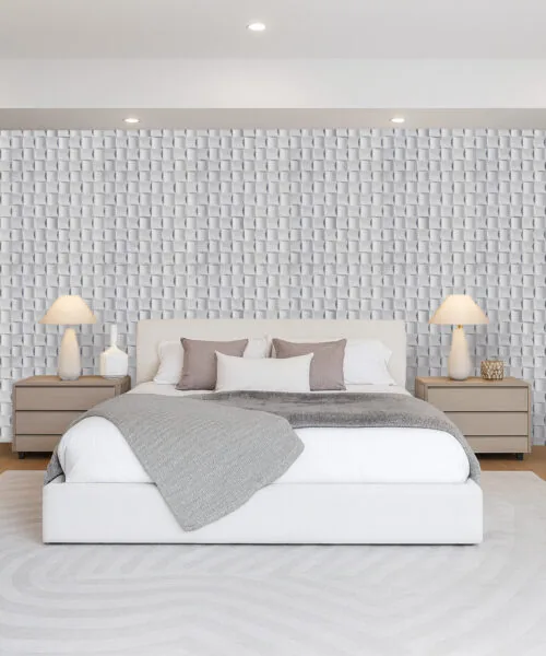 White Wave Wood 3D acoustic cork panels installed on a bedroom accent wall, adding noise reduction and a soft woven architectural pattern