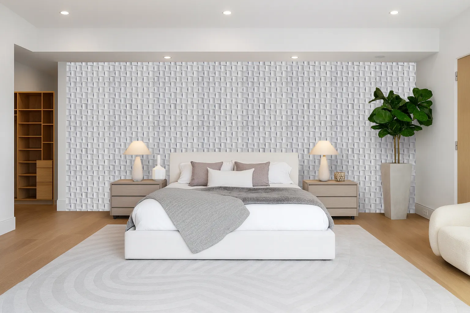 Wave White - 25/32” (20Mm) - 3D Cork Wall Panels (Wwwh20) White Wave Wood 3D Acoustic Cork Panels Installed On A Bedroom Accent Wall, Adding Noise Reduction And A Soft Woven Architectural Pattern