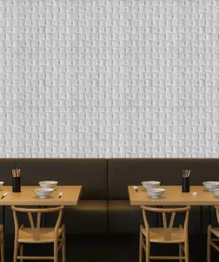 Contemporary Restaurant With Wave Wood 3D Acoustic Cork Wall Panels, Featuring A White Woven Texture That Improves Acoustics And Modern Design Appeal.