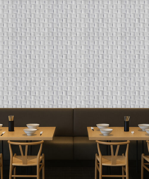 Wave White - 25/32” (20Mm) - 3D Cork Wall Panels (Wwwh20) Contemporary Restaurant With Wave Wood 3D Acoustic Cork Wall Panels, Featuring A White Woven Texture That Improves Acoustics And Modern Design Appeal.