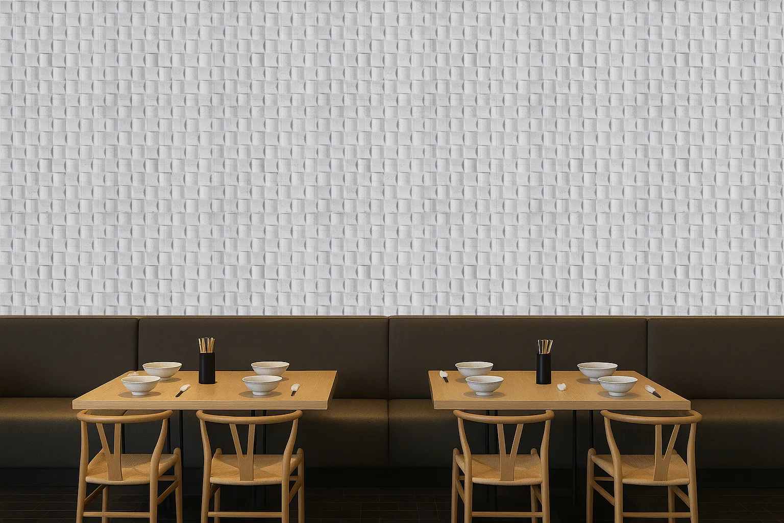 Wave White - 25/32” (20Mm) - 3D Cork Wall Panels (Wwwh20) Contemporary Restaurant With Wave Wood 3D Acoustic Cork Wall Panels, Featuring A White Woven Texture That Improves Acoustics And Modern Design Appeal.