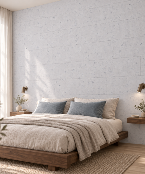 White Bamboo - 1/4&Quot; (6Mm) - Cork Glue Down Tile (Gwb6) White Bamboo Glue-Down Cork Tiles In A Calm Bedroom — Wall Application Visualization