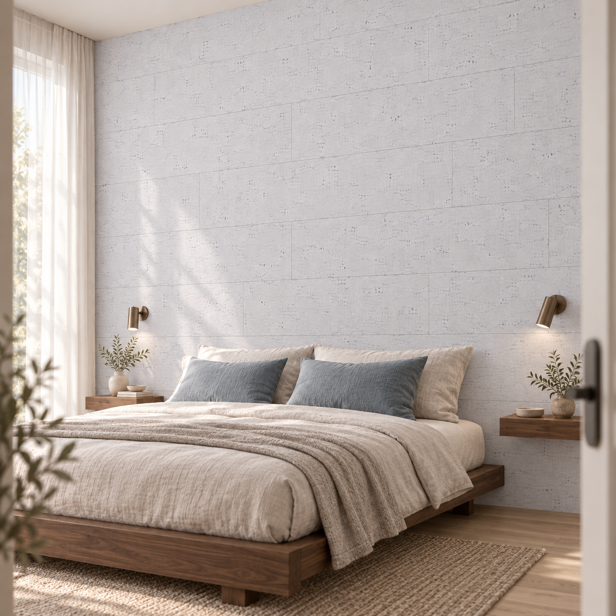 White Bamboo - 1/4&Quot; (6Mm) - Cork Glue Down Tile (Gwb6) White Bamboo Glue-Down Cork Tiles In A Calm Bedroom — Wall Application Visualization